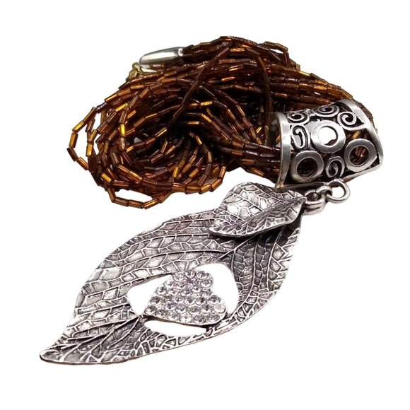 Vintage Torsade Necklace with Chunky Silver Pendant Slide, Pierced Leaf - Picture 2 of 6